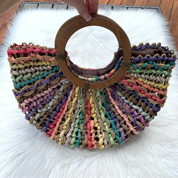 Vintage T. Cappelli Colorful Boho Straw Woven Bag Round Wooden Handle - Picture 8 of 10